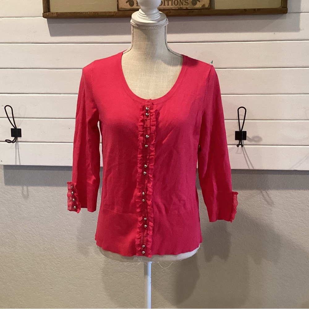 WHBM Large Solid Pink Clasp Cardigan Sweater Ruffle Round Neck 3/4 Sleeve